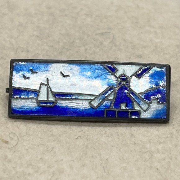 F.A. Herman Vintage Windmill and Sailboat Sterling and Enamel Brooch Signed - Picture 1 of 6